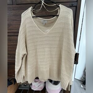Lucky Brand Cream Textured Knit V-Neck Top
